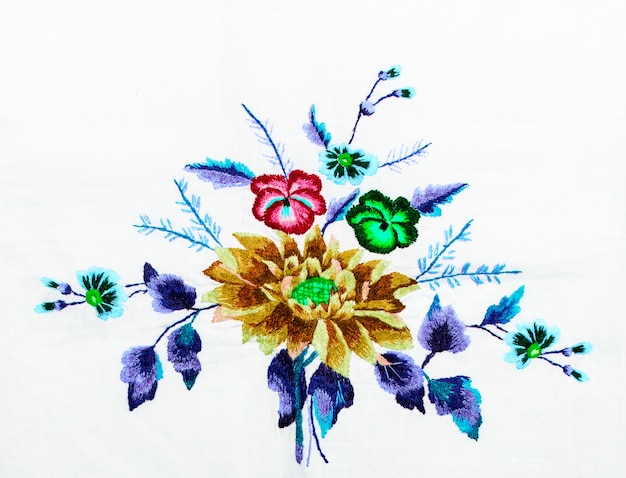 colorful embroidered motifs on fabric
